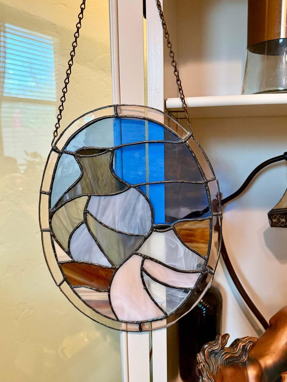 Abstract Geometric Oval Stained Glass Suncatcher Window Hanging
